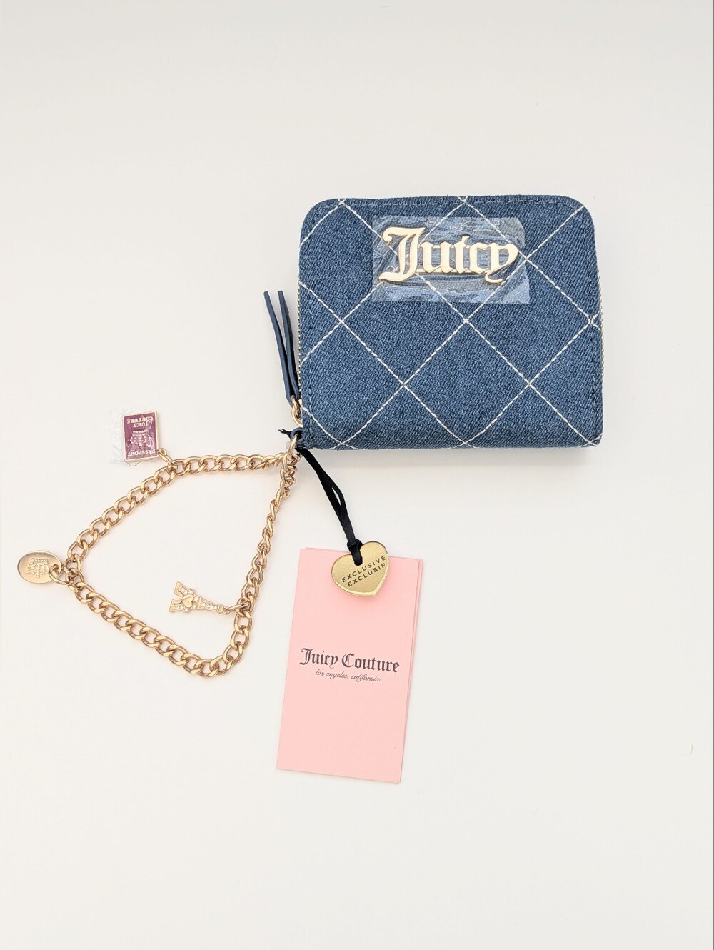 NWT Juicy Quilted Denim/Jean Zip Wallet/Wristlet w/Gold Hardware, Chain & Charms